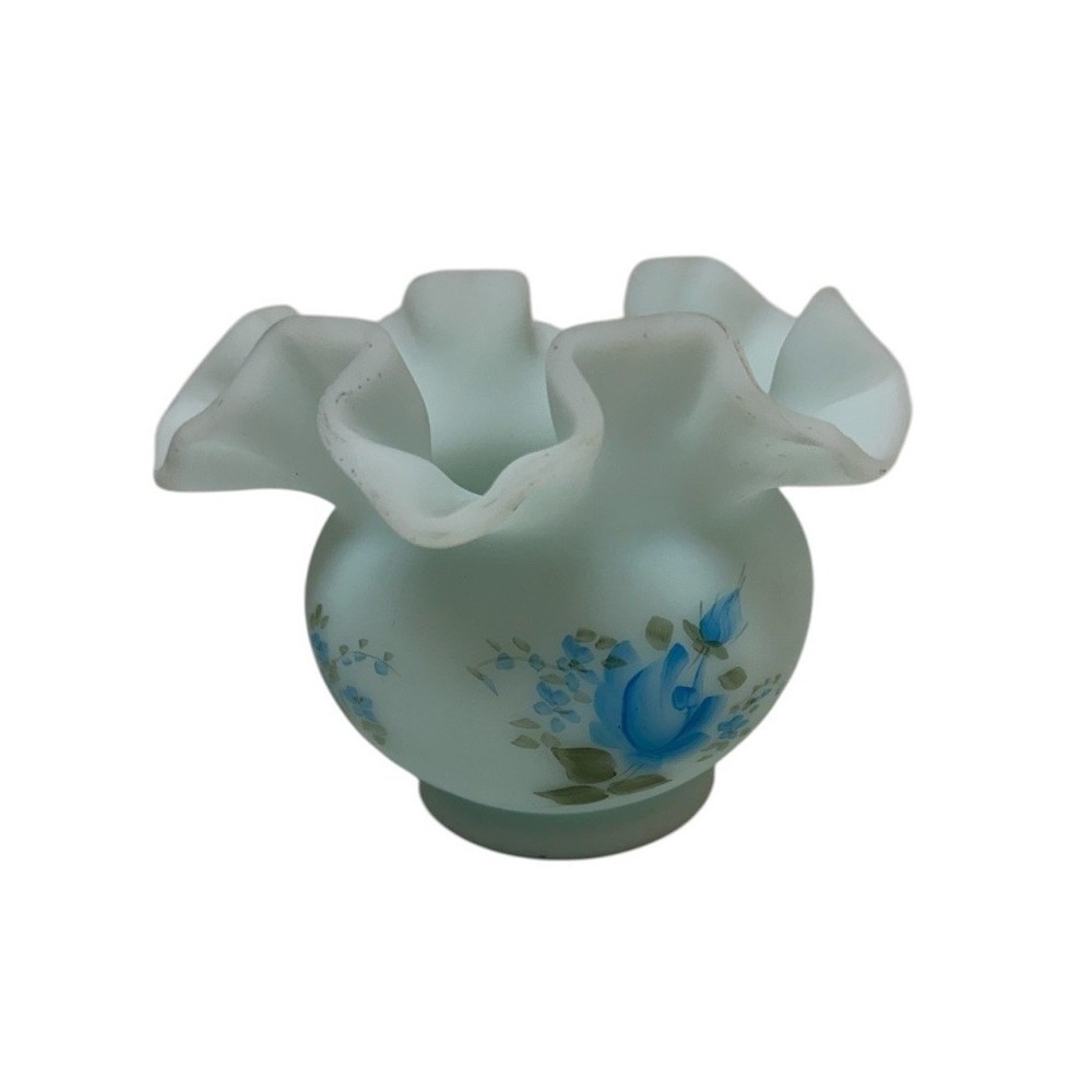Fenton Satin Glass Hand Painted by Delra C. Hill Rose Ruffled Bowl Vase Signed